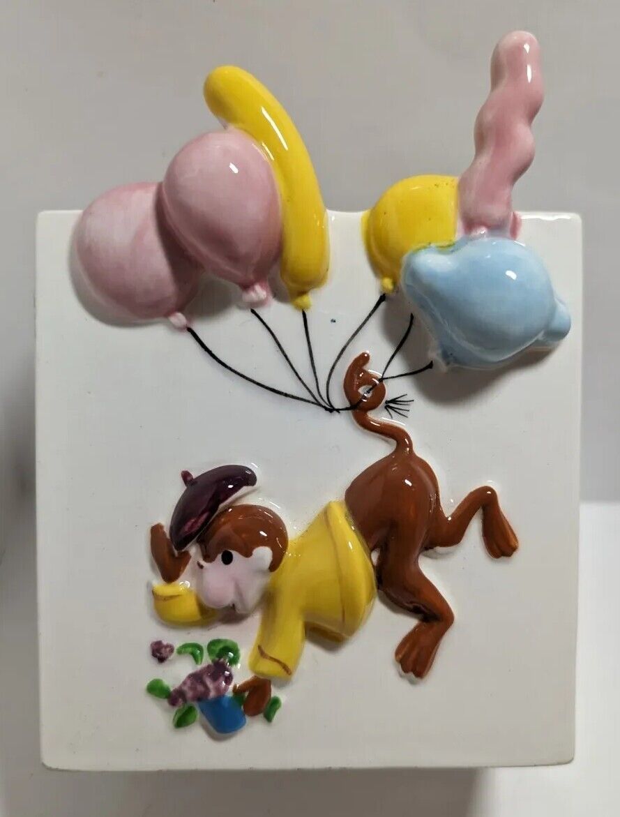 Vintage Napco #4561 Monkey With Balloons On Tail Ceramic Rectangle Planter Vase