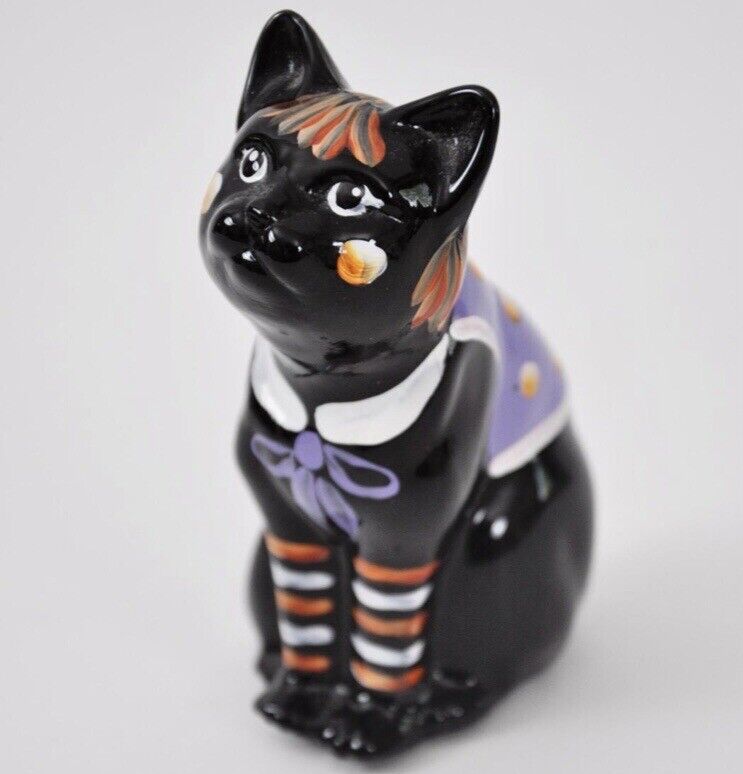 FENTON Black Glass Cat Painted in Halloween Clothing  Signed S Waters