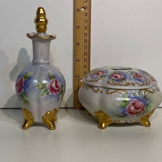 Antique Artist signed, hand painted Perfume Bottle, Hair Receiver, Trinket Boxes
