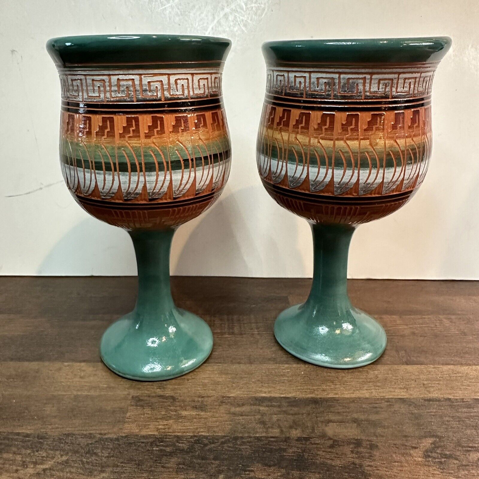 2 Navajo Redware Handcarved Etched and Painted Goblet Cups Signed 06 Navajo Flaw