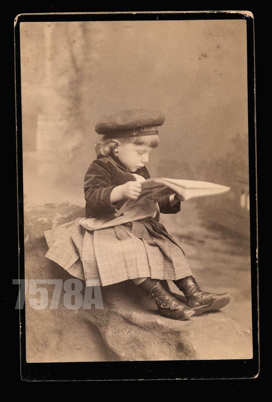 Cute Funny Cabinet Card Photo Girl Reading Newspaper NYC Photographer's Daughter