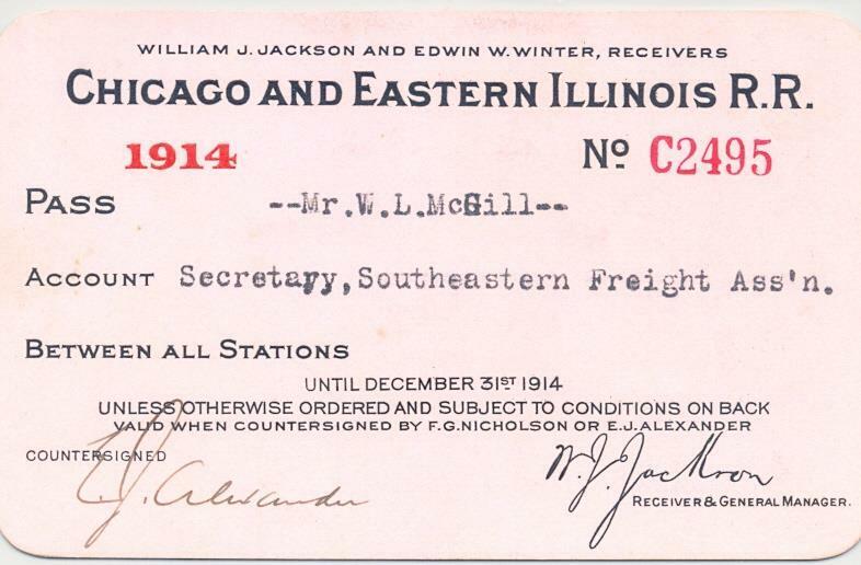 1914 C&EI Chicago & Eastern Illinois Railroad - employee pass