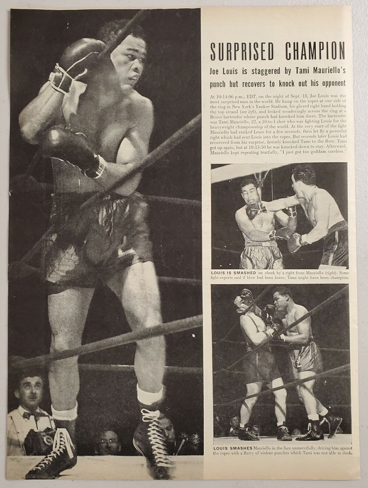 1946 Magazine Photo Champion Boxer Joe Louis Beats Tami Mauriello Yankee Stadium