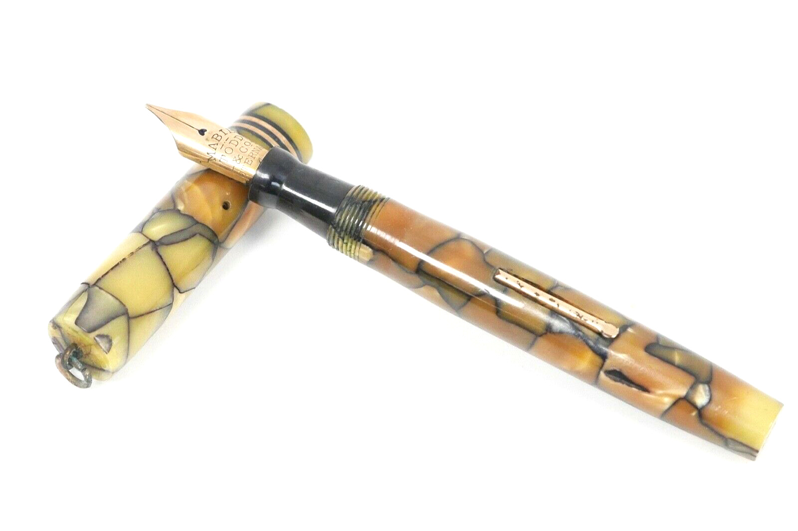 VINTAGE SWAN MABIE TODD FOUNTAIN PEN Cracked Ice Pearl Marble Yellow Brown *Rare