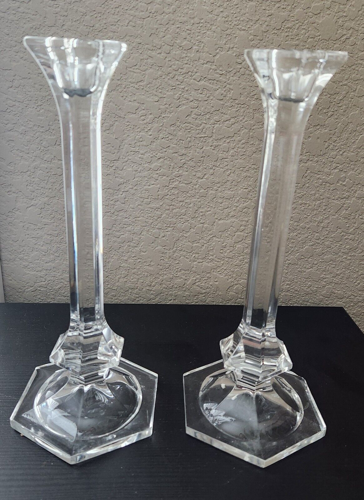 Vintage Crystal Tall Taper Candlestick Holders, Art Deco Crystal Candle Holders
