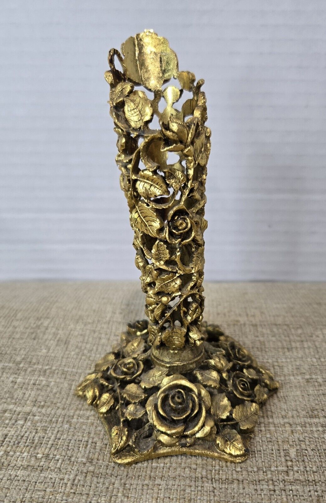 Vintage Matson Ornate Gold Plated Roses Flower Candle Holder