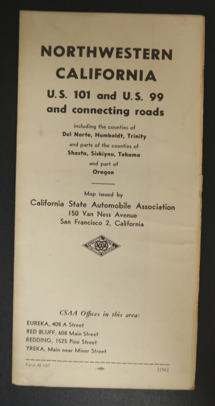 Northwestern California U.S. 101 and 99 Roads Vintage Travel Map Fold Out M-107