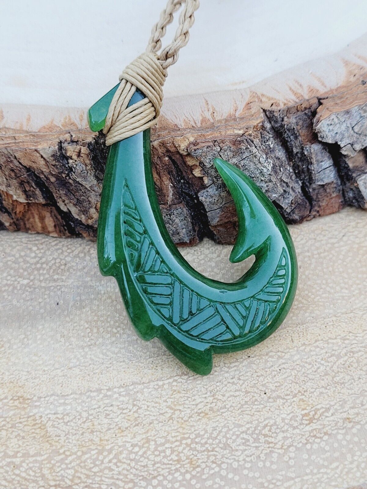 Hawaiian Natural Jade Fish Hook Necklace Hand Carved Jade Hook Adjustable Choker