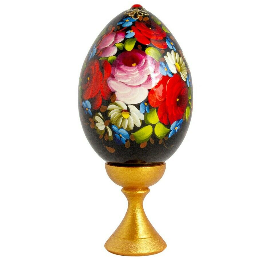 Black Zhostovo Wood Easter Egg on a Stand, Painted by Hand 4.7 inch