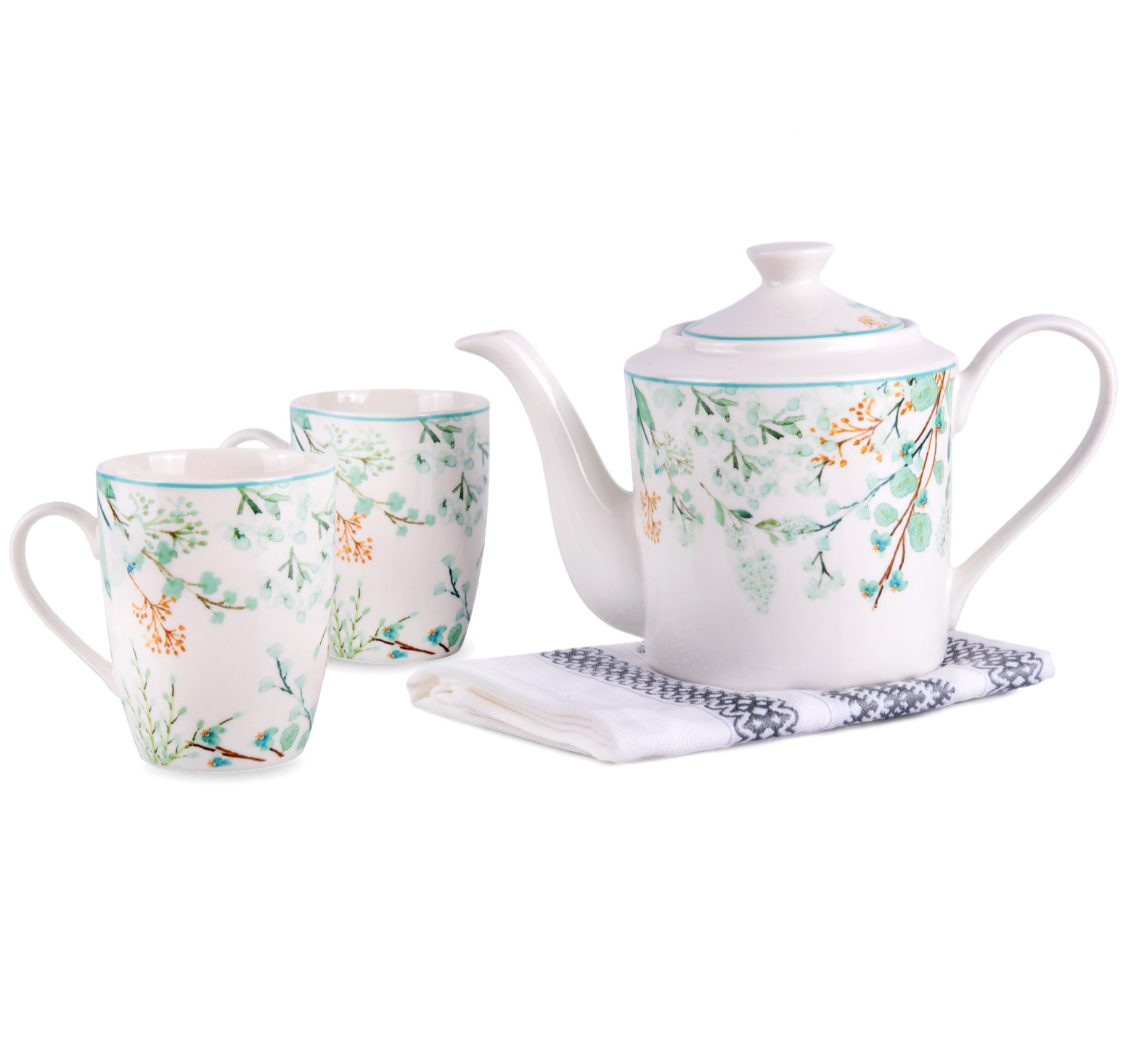 Botanical Garden Porcelain Teapot & Teacup Set. Bone China Tea Set for 2.