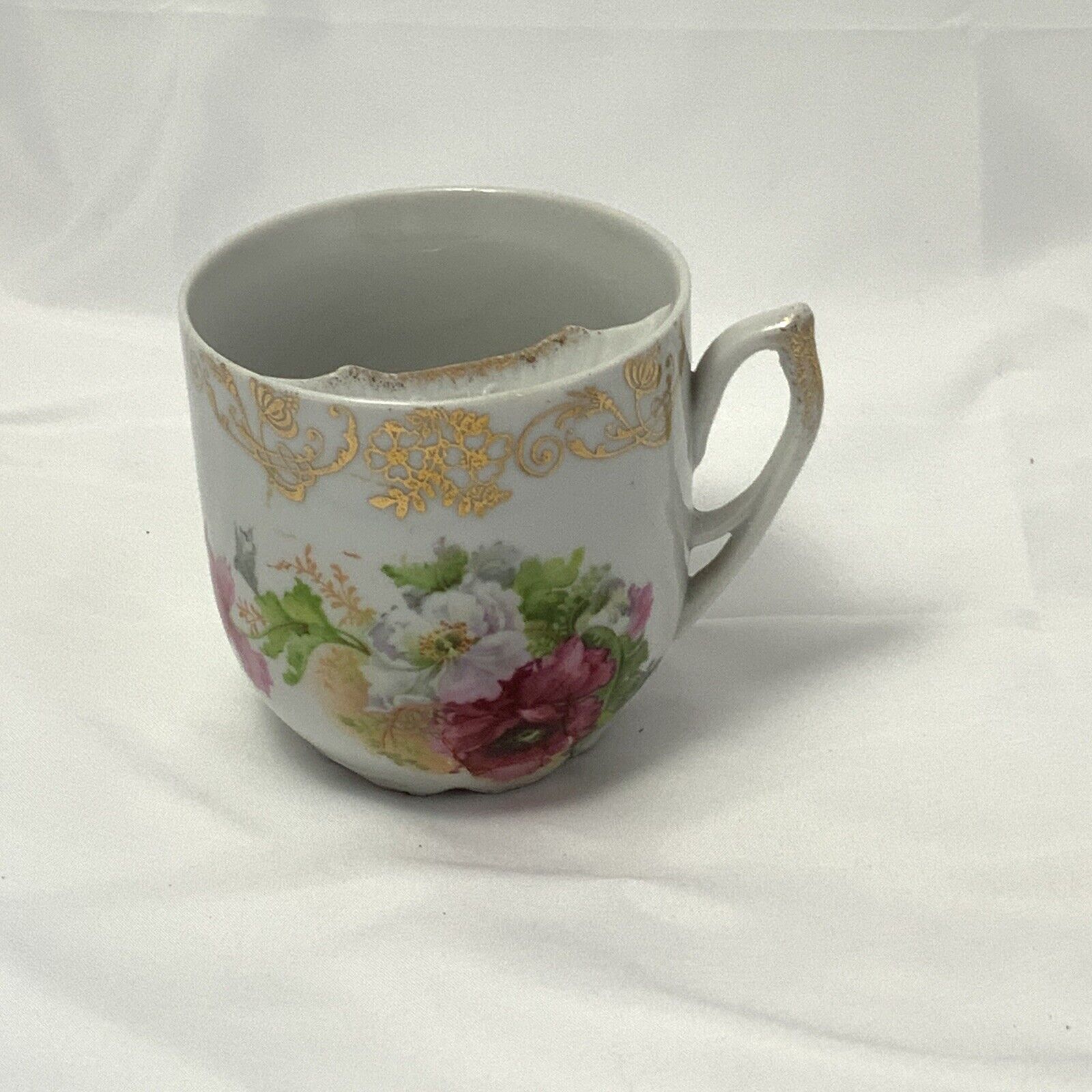 Vintage Porcelain Mustache Cup mug Roses pink white flowers gold rim scroll  