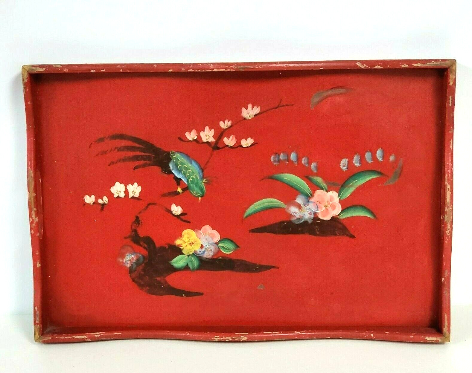 Wood Painted Serving Tray with Birds & Flower Decorations Red Shabby Vintage
