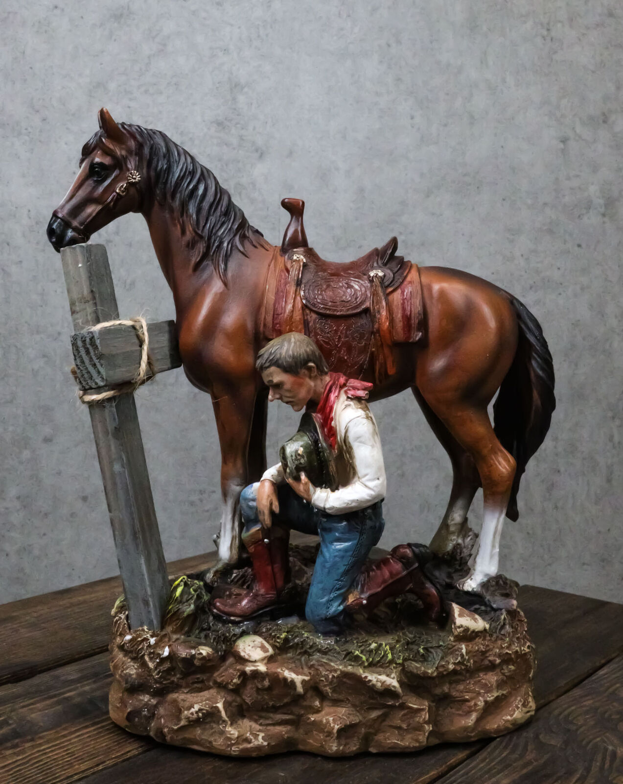 Rustic Western Cowboy By Brown Horse Praying At The Foot Of The Cross Figurine