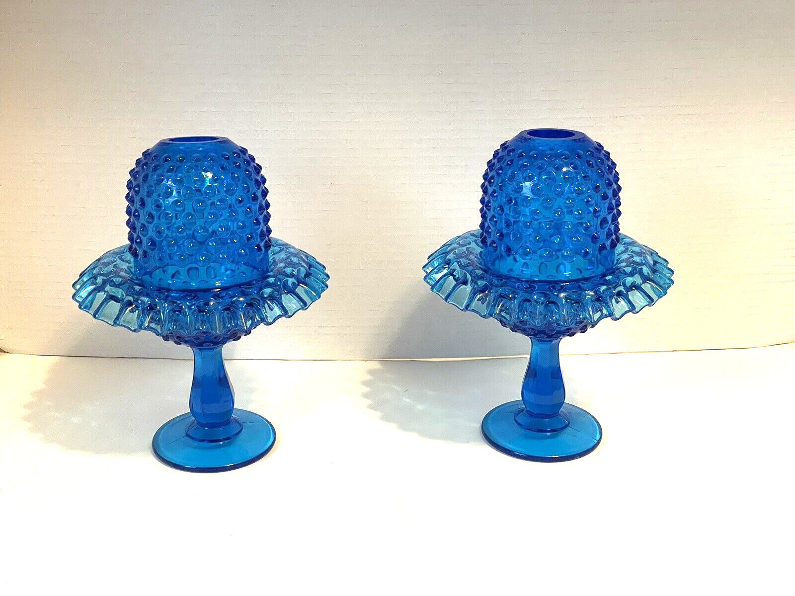 Set of 2 Vtg Fenton Colonial Blue Hobnail Pedestal Fairy Lamps No Insert Magical