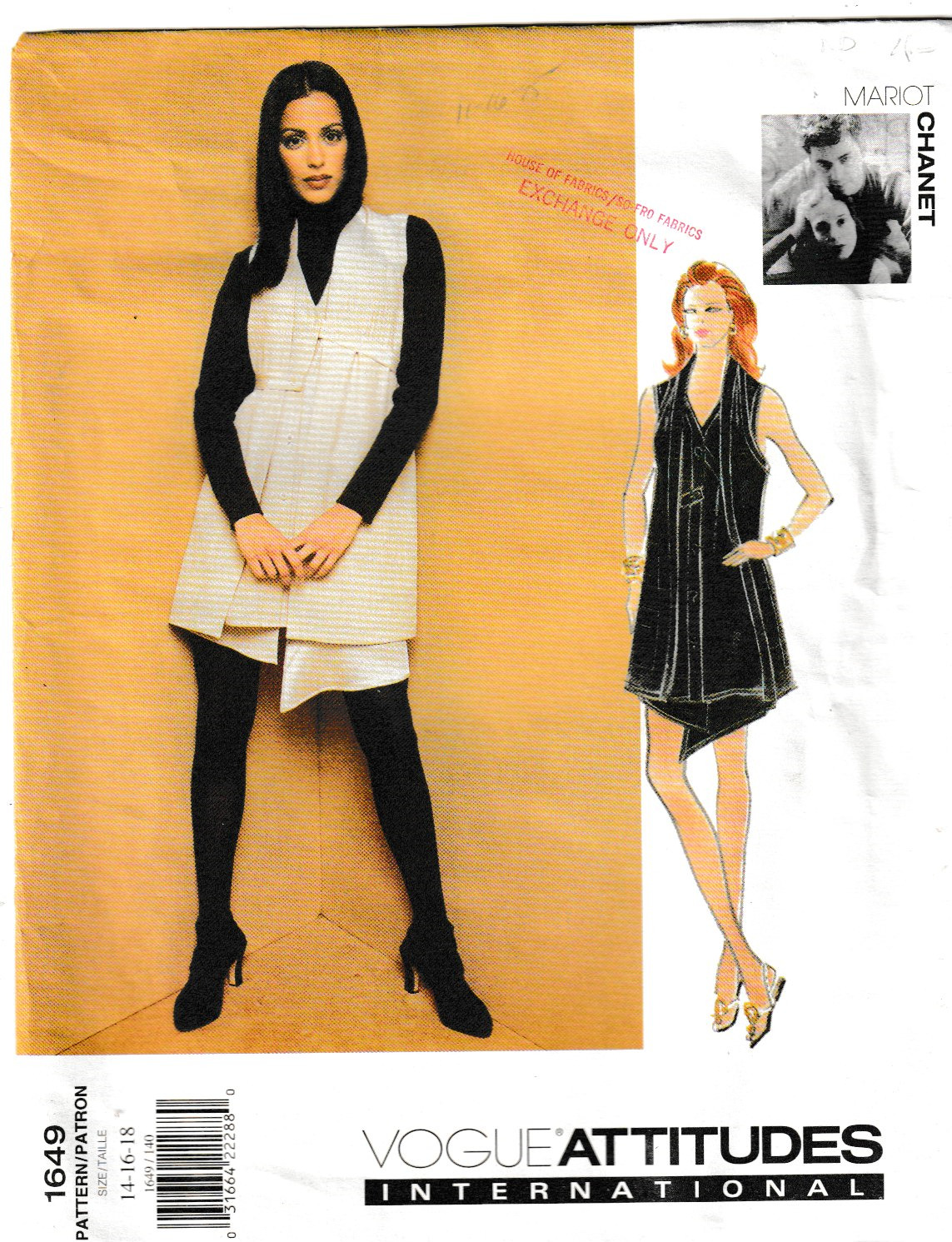 Vogue Attitudes 1649 c1994 MARIOT CHANET Misses Top & Skirt; Sz 14-16-18. FF