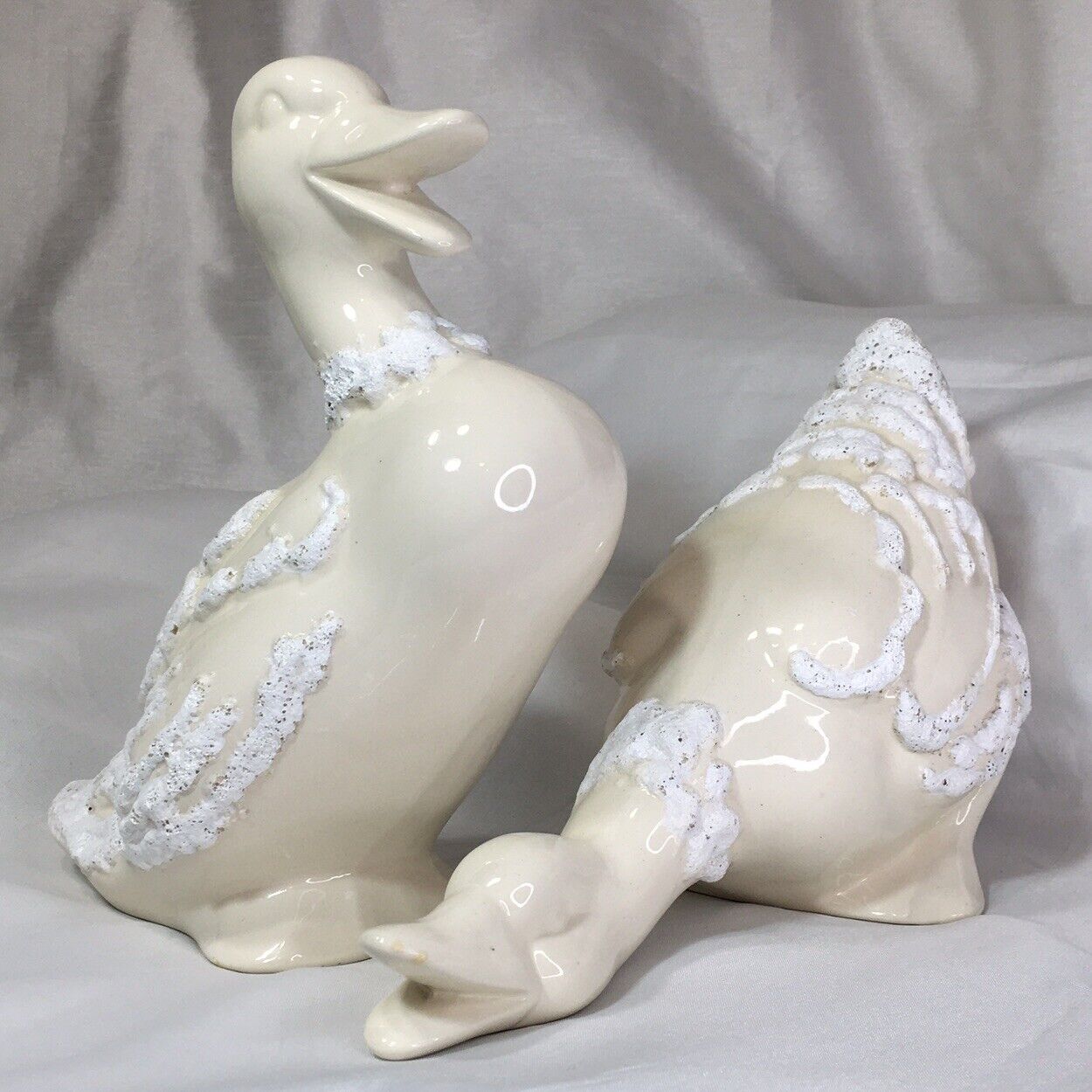 10 & 8.7”Snowy Duck Pair Figurine, Vintage Glazed Ceramic, Hand Paint & Signed❤️