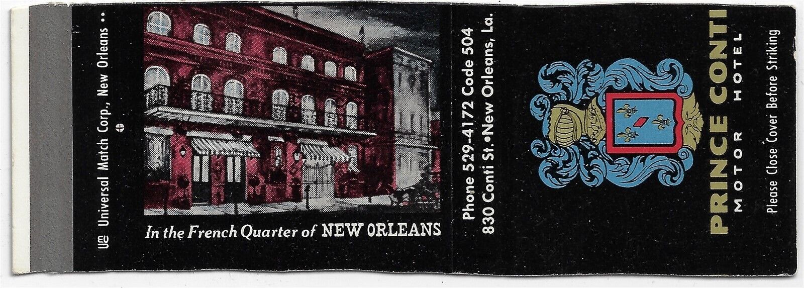 Prince Conti Motor Hotel French Quarter New Orleans Empty Matchcover
