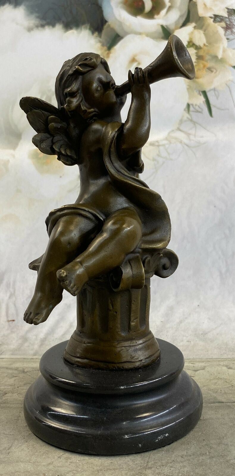 100% Pure Bronze beauty Angel Hand Hold musical instrument Statue Figurine Deal