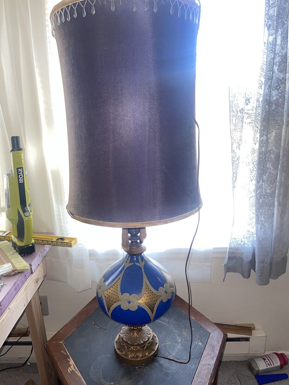 50s Antique glass Blue lamp