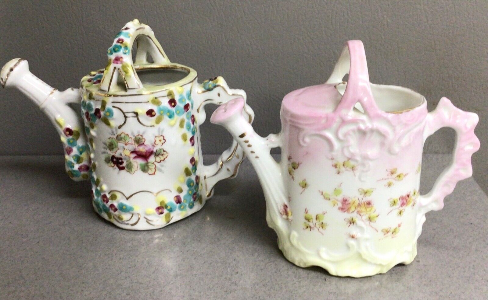 2 sweet tiny ceramic watering cans - vase, toy, decor - vintage, Japan