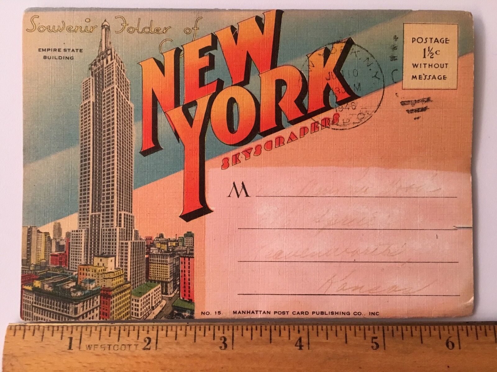 VINTAGE Souvenir Folder NEW YORK SKYSCRAPERS 1946 Postmarked Vintage Color