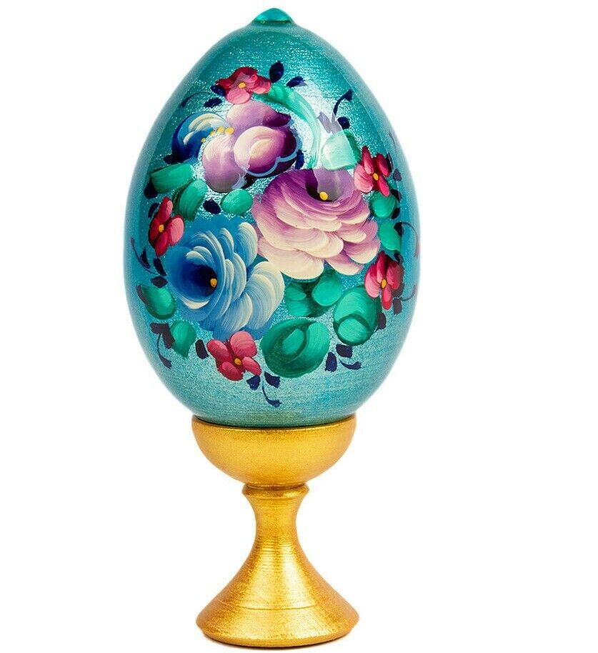 Zhostovo Wood Easter Egg on a Stand, Floral Egg Decor, Painted by Hand 4.7 inch