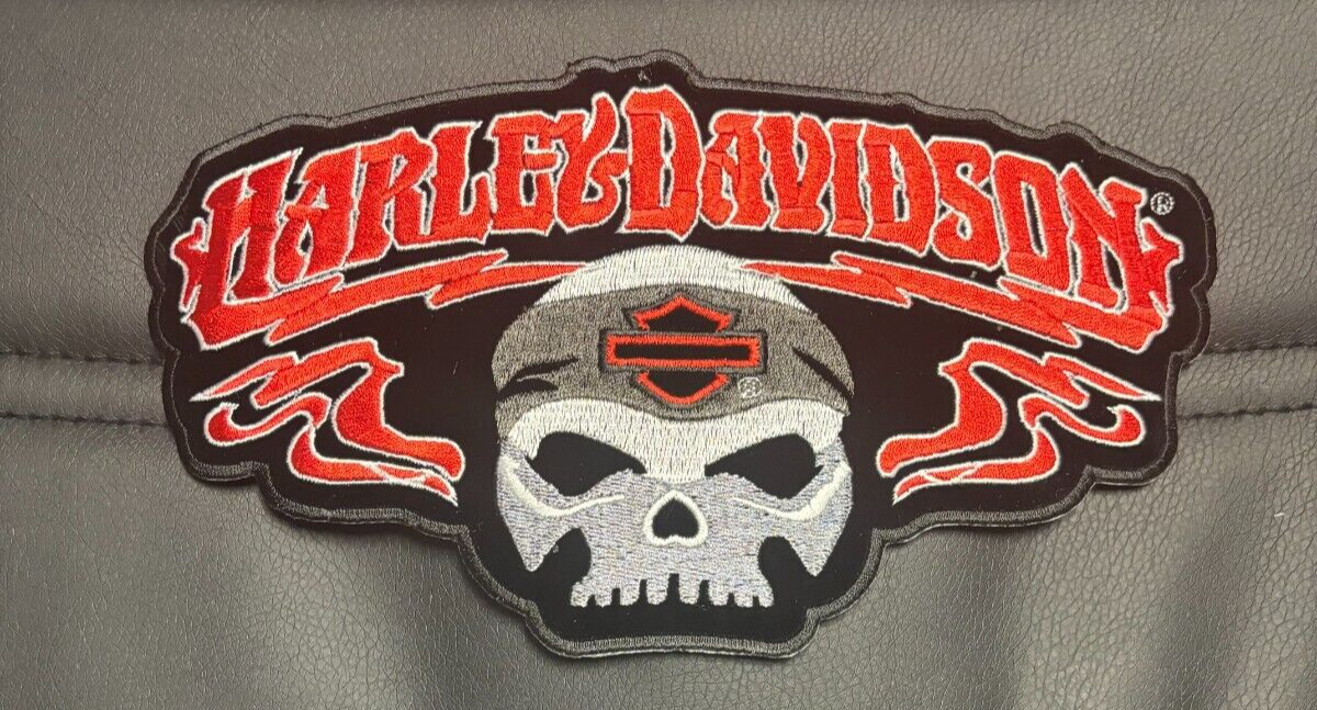BRAND NEW SKULL WITH RED LETTERING HARLEY DAVIDSON SEW ON PATCH 9.5X5.5 INCHES