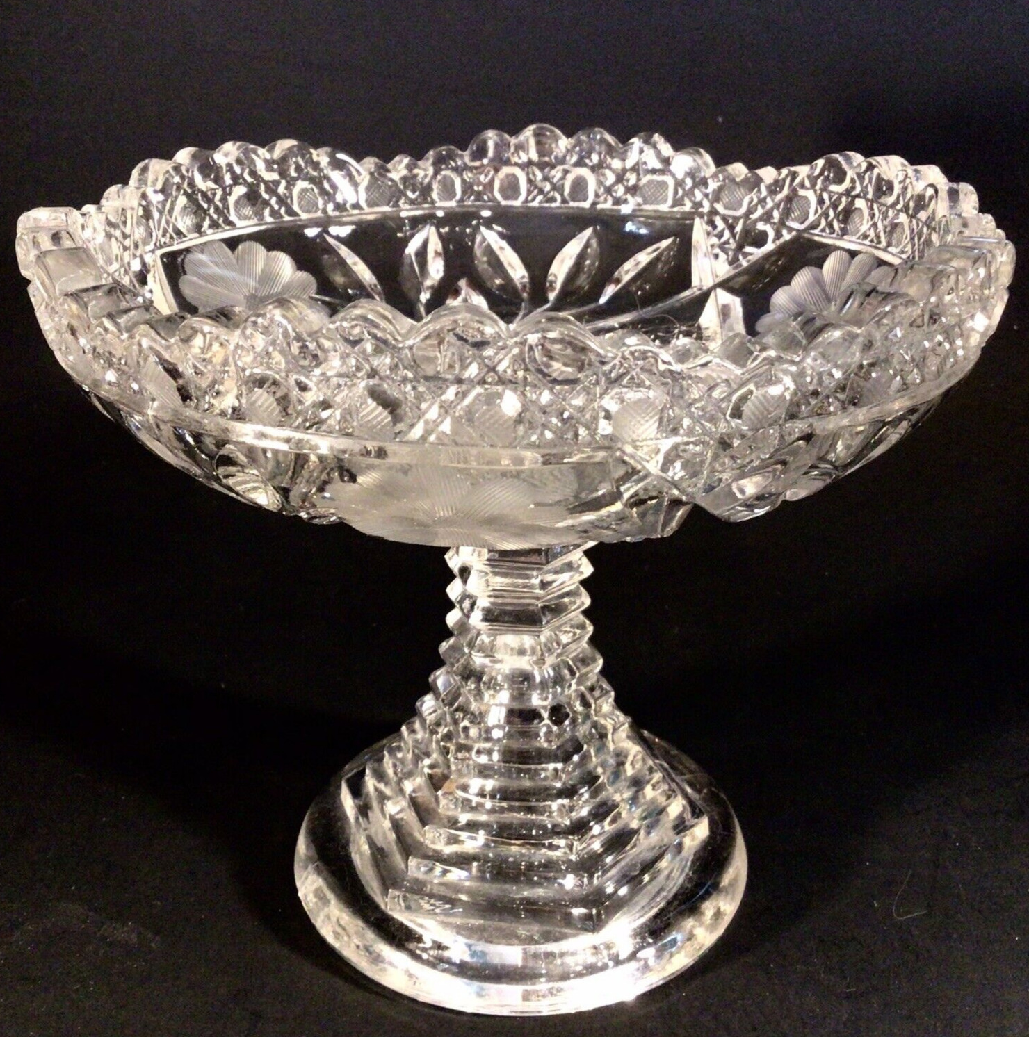 VINTAGE GLASS COMPOTE DECORATIVE CANDY DISH DAISIES SAWTOOTH EDGE