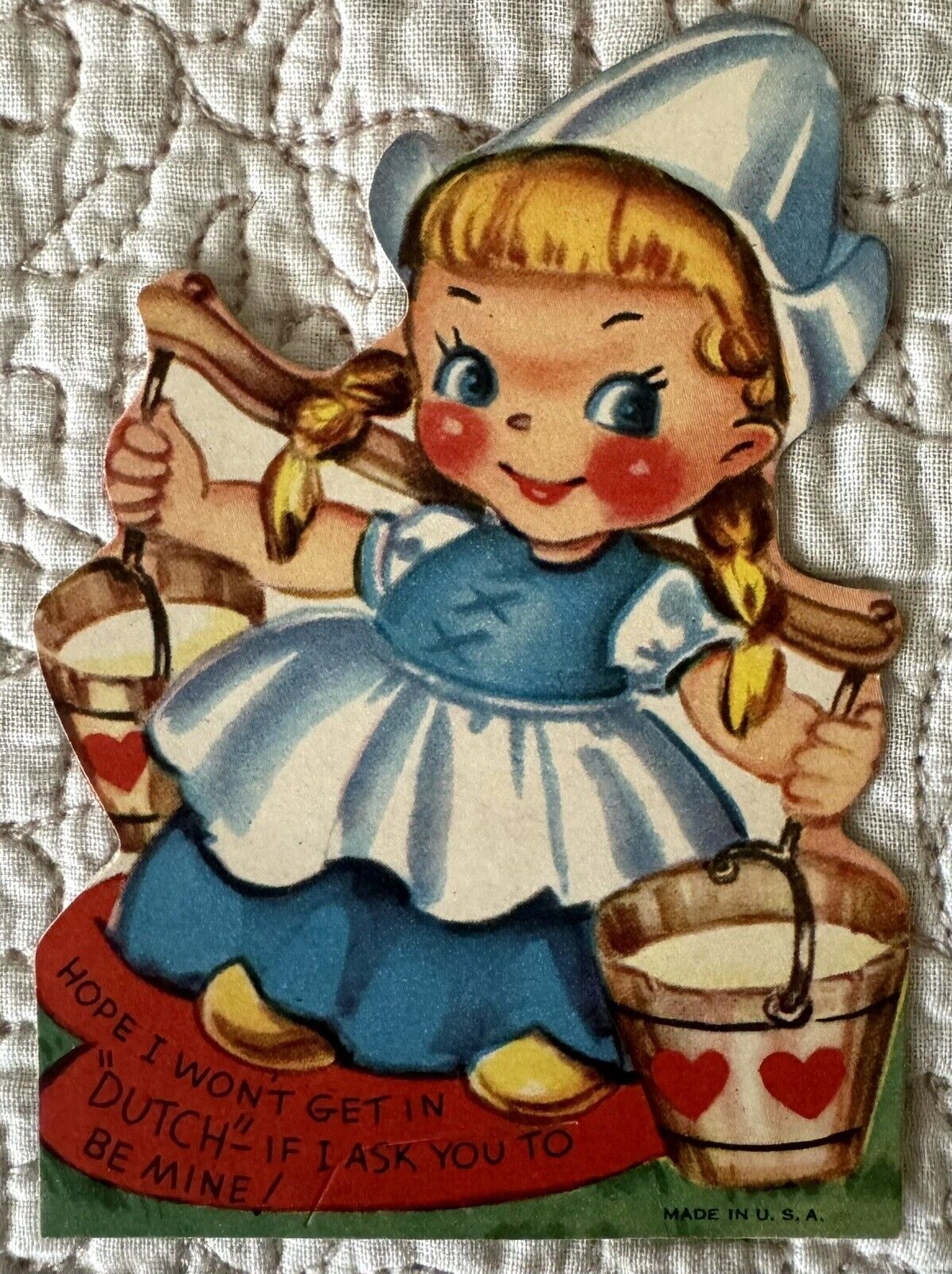 Unused Valentine Girl Dutch Pail Water Carry Vintage Greeting Card 1930s 1940s