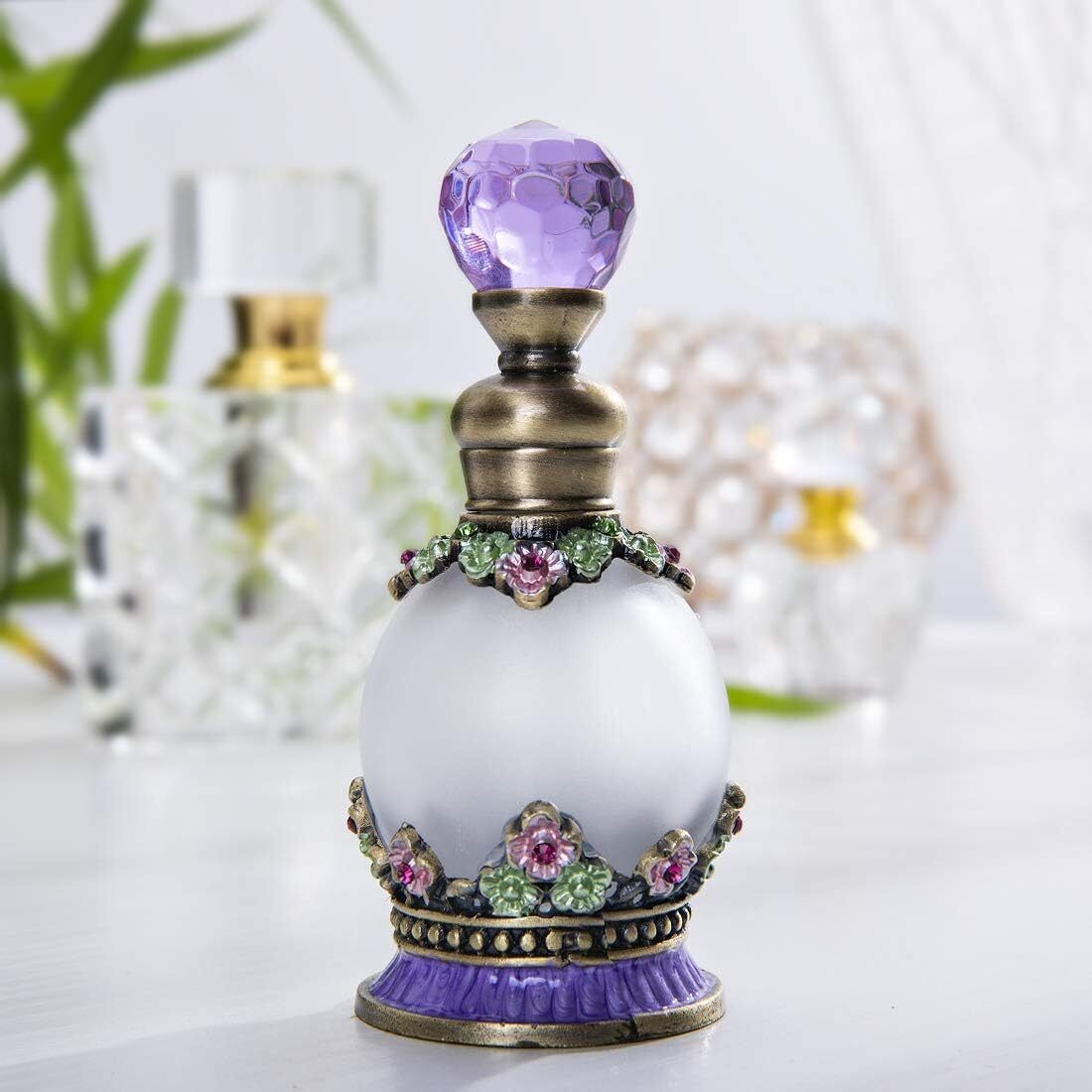 15ml Antique Crystal Glass Perfume Bottle  Flower Embelished Fancy Retro Round