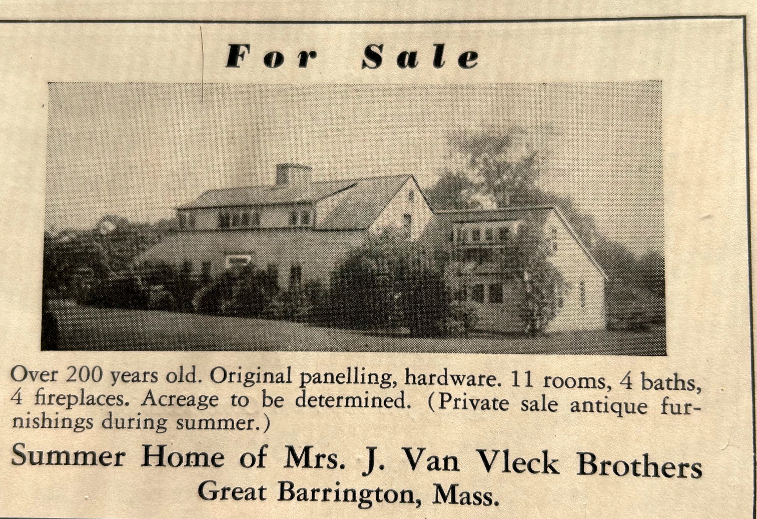 1949 Great Barrington Massachusetts HOUSE AD photo Antiques Mag MA vtg Van Vleck