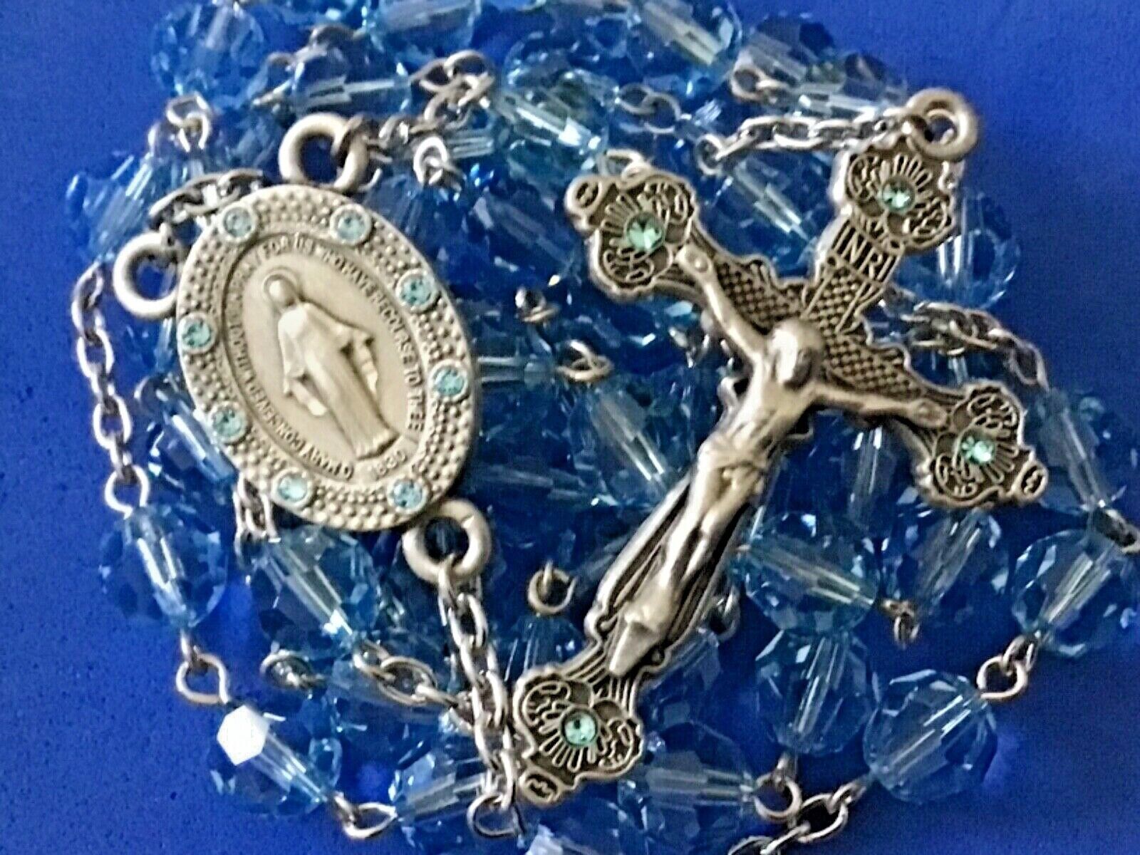 Custom SWAROVSKI Crystal Rosary Miraculous Handmade Aquamarine 8mm