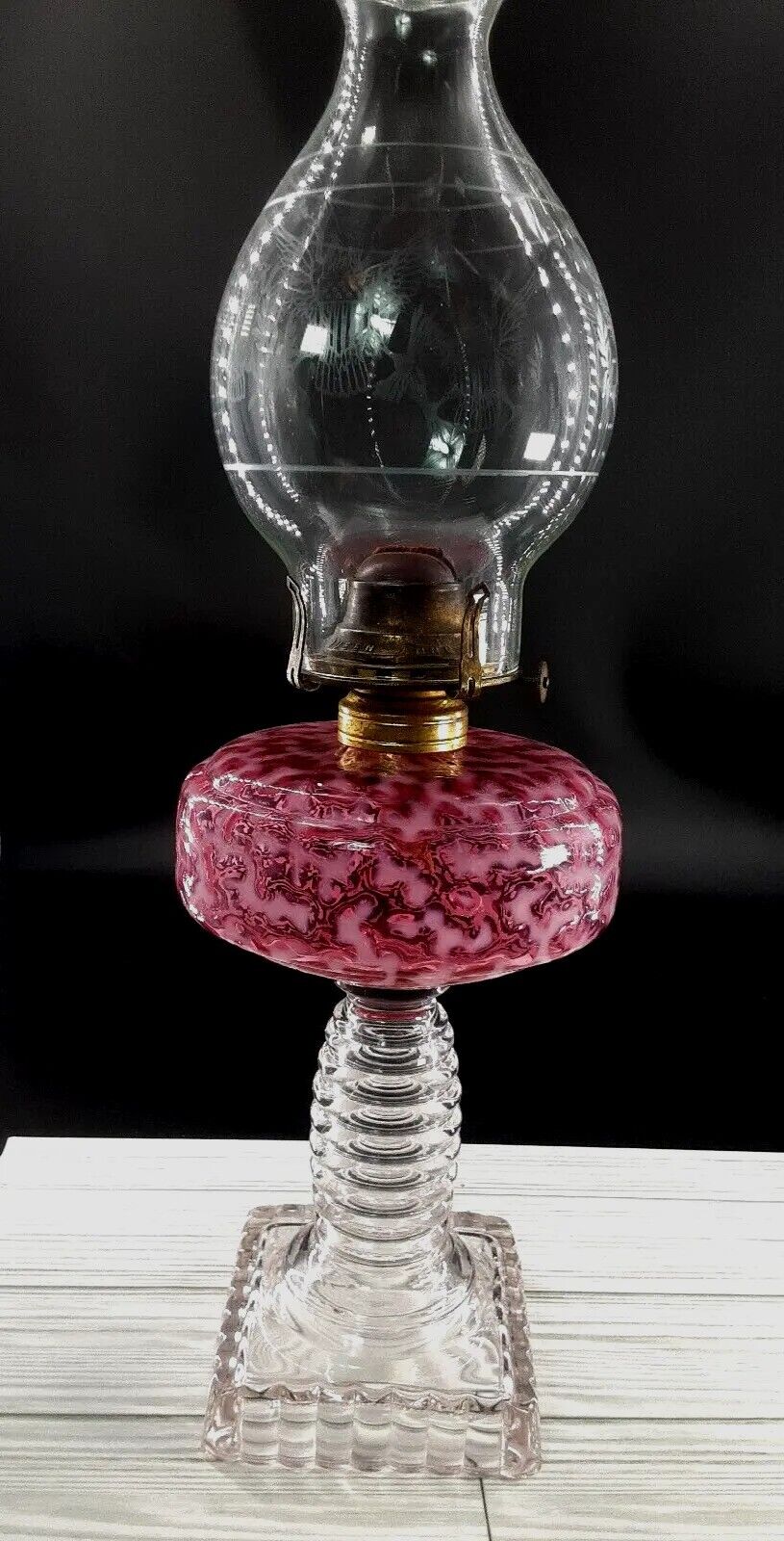 Antique Rare Hobbs Cranberry Opalescent Seaweed Pedestal Oil Lamp Etched Chimney