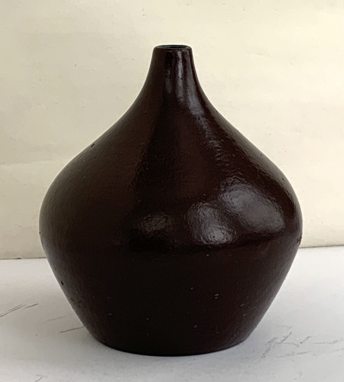 Dark Chocolate Brown MCM Art Pottery Weed Pot: Modernist Drop Form Bud Vase