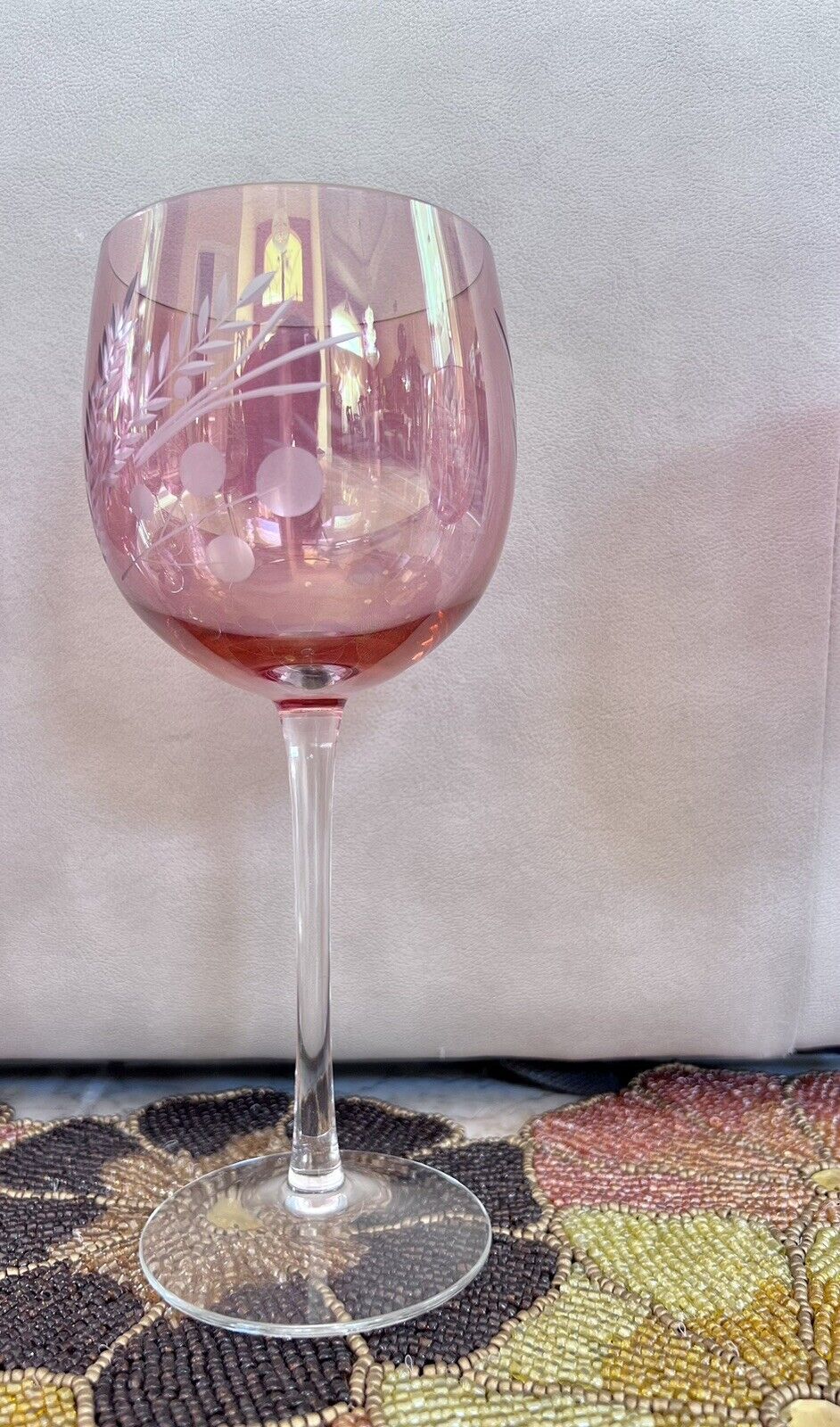 Lenox Iridescent Cranberry Etched Wine Glasses 