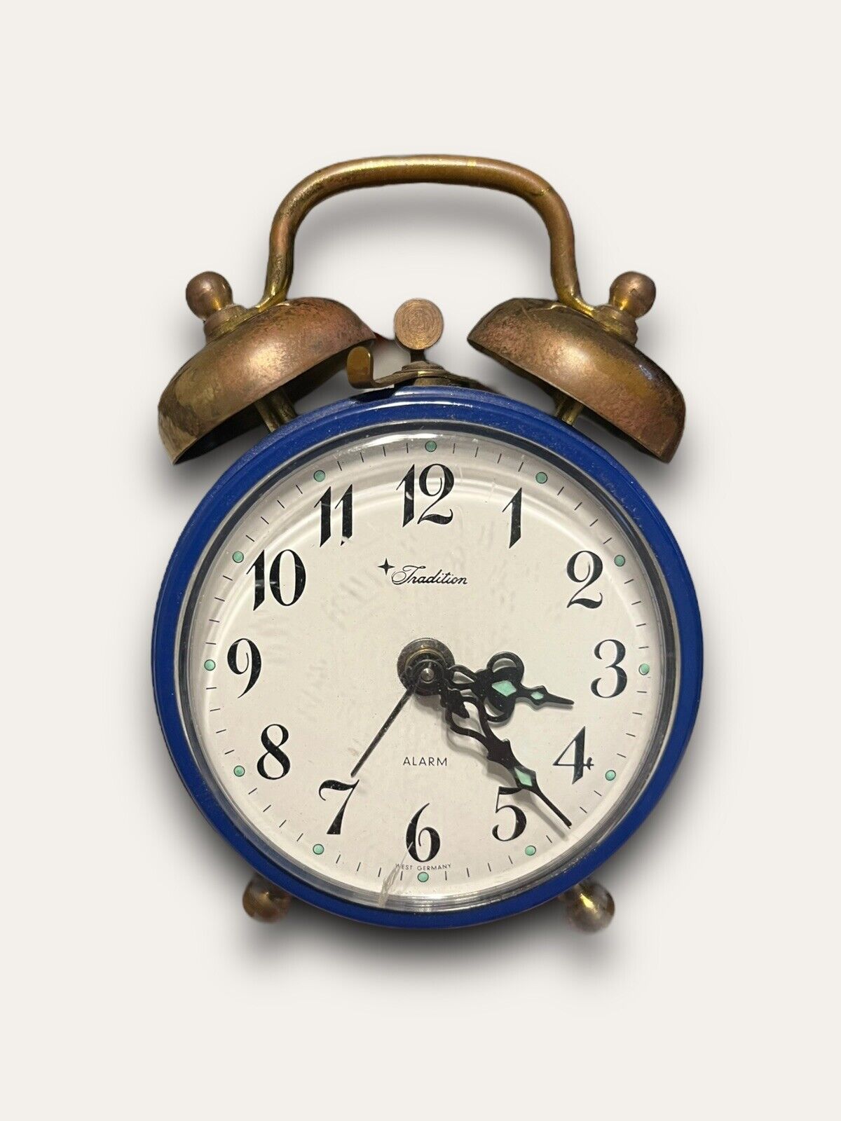 Vintage Cobalt Blue Tradition Twin Bell Alarm Clock West Germany MCM Brass