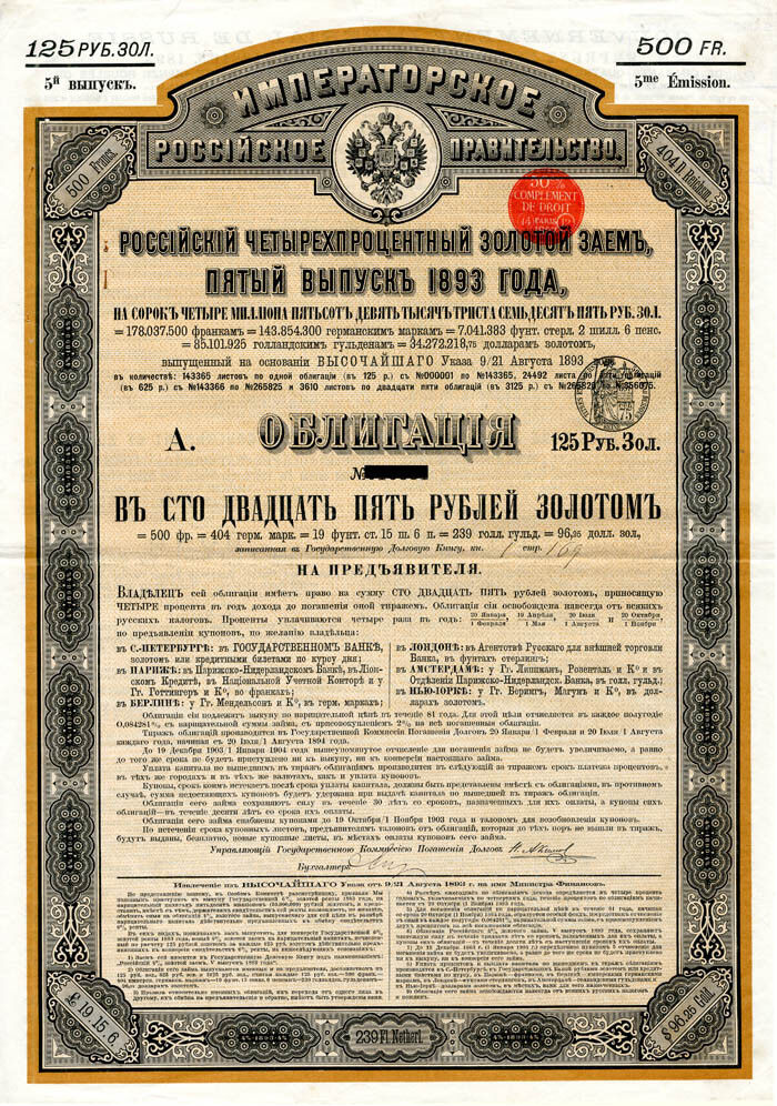 Imperial Government of Russia 4% 1893 Gold Bond (Uncanceled) - Foreign Bonds