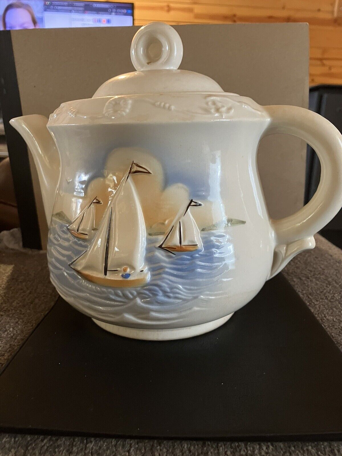 Vintage Porcelier Tea Pot with Lid Sailboat Vitreous China Made in USA Nautical