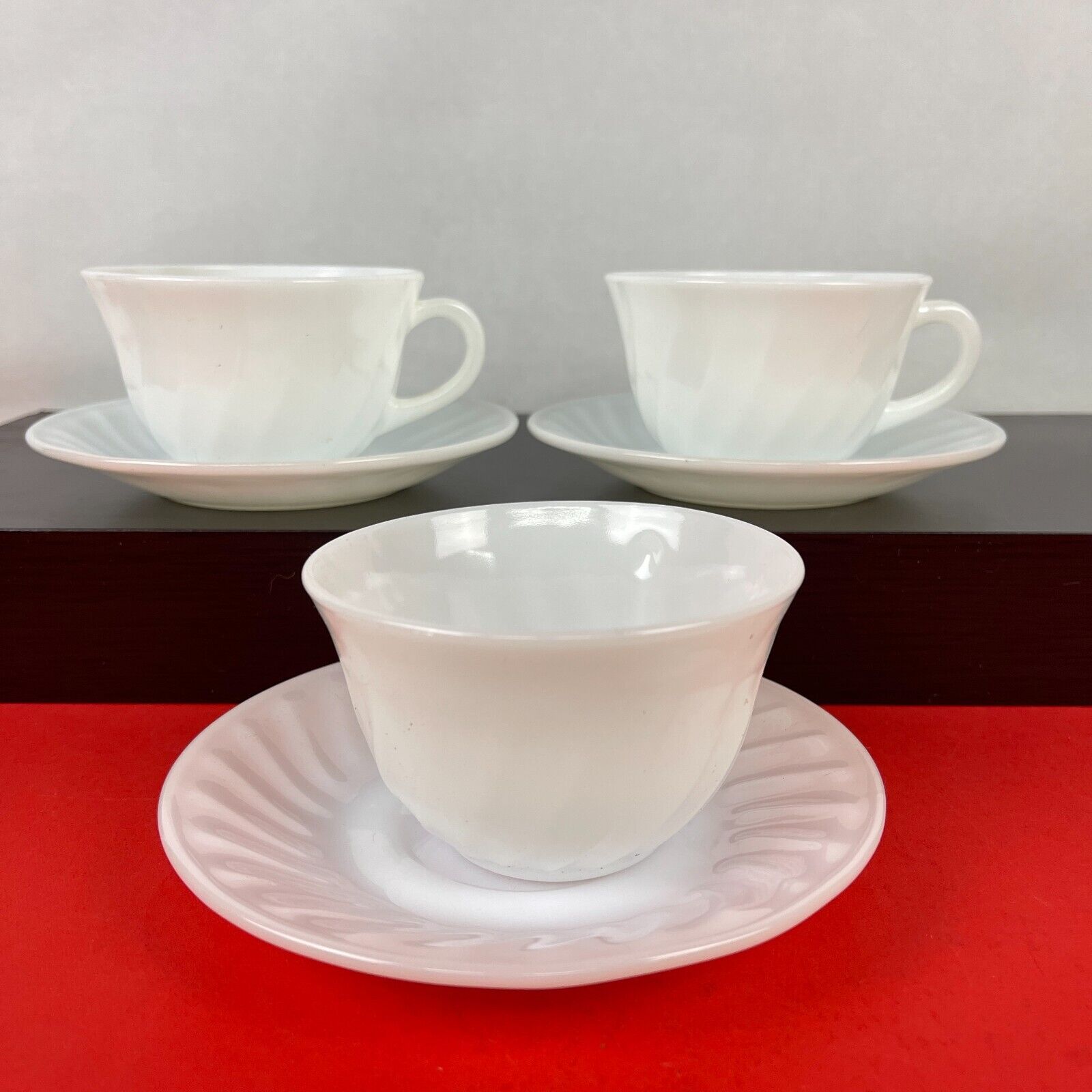 Vintage FIRE KING Wavy Swirl Milk Glass Cups and Saucers - Pristine Cond