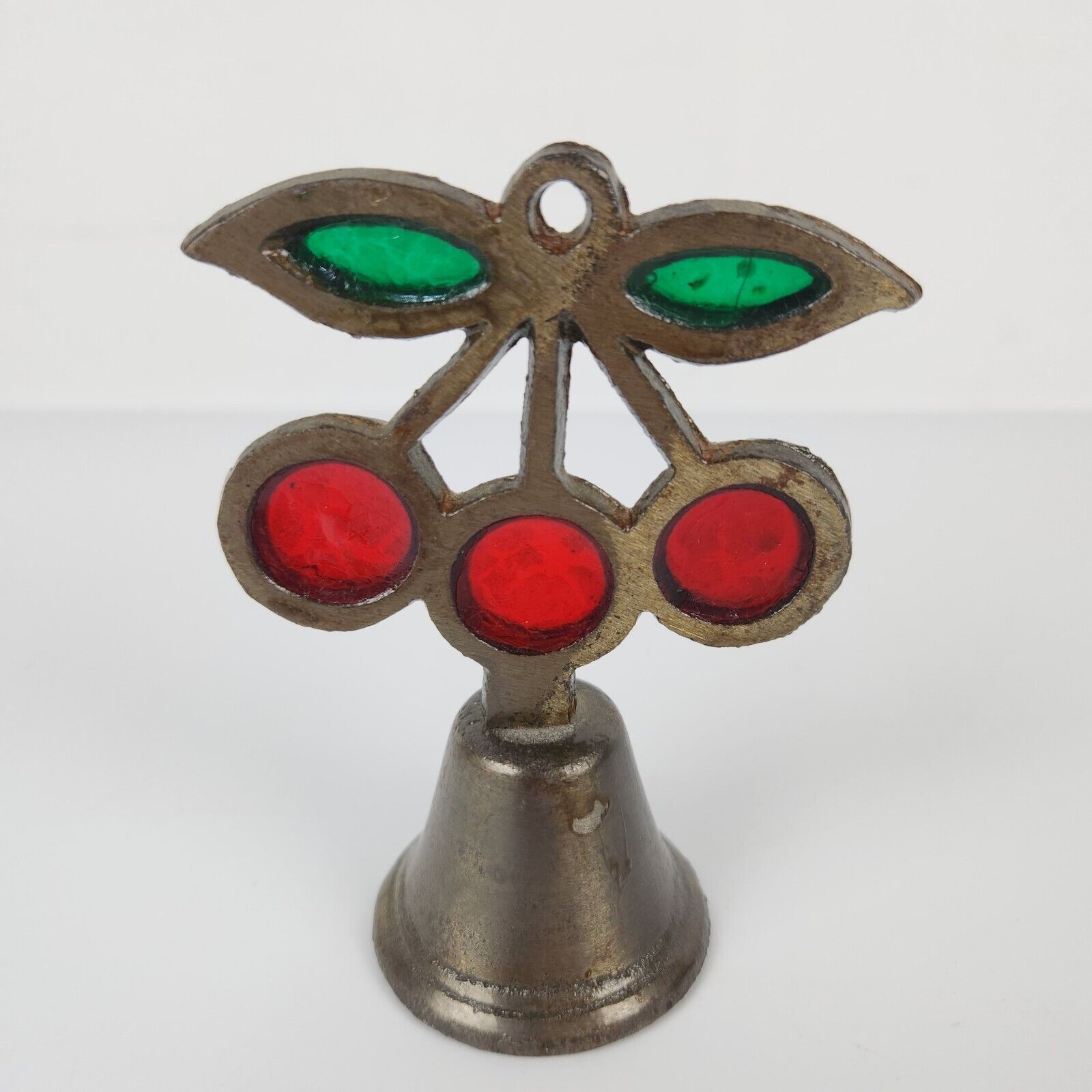 Vintage 1978 Cast Iron Bell w Stain Glass Red Cherries Green Leaves 4-1/4 Inch