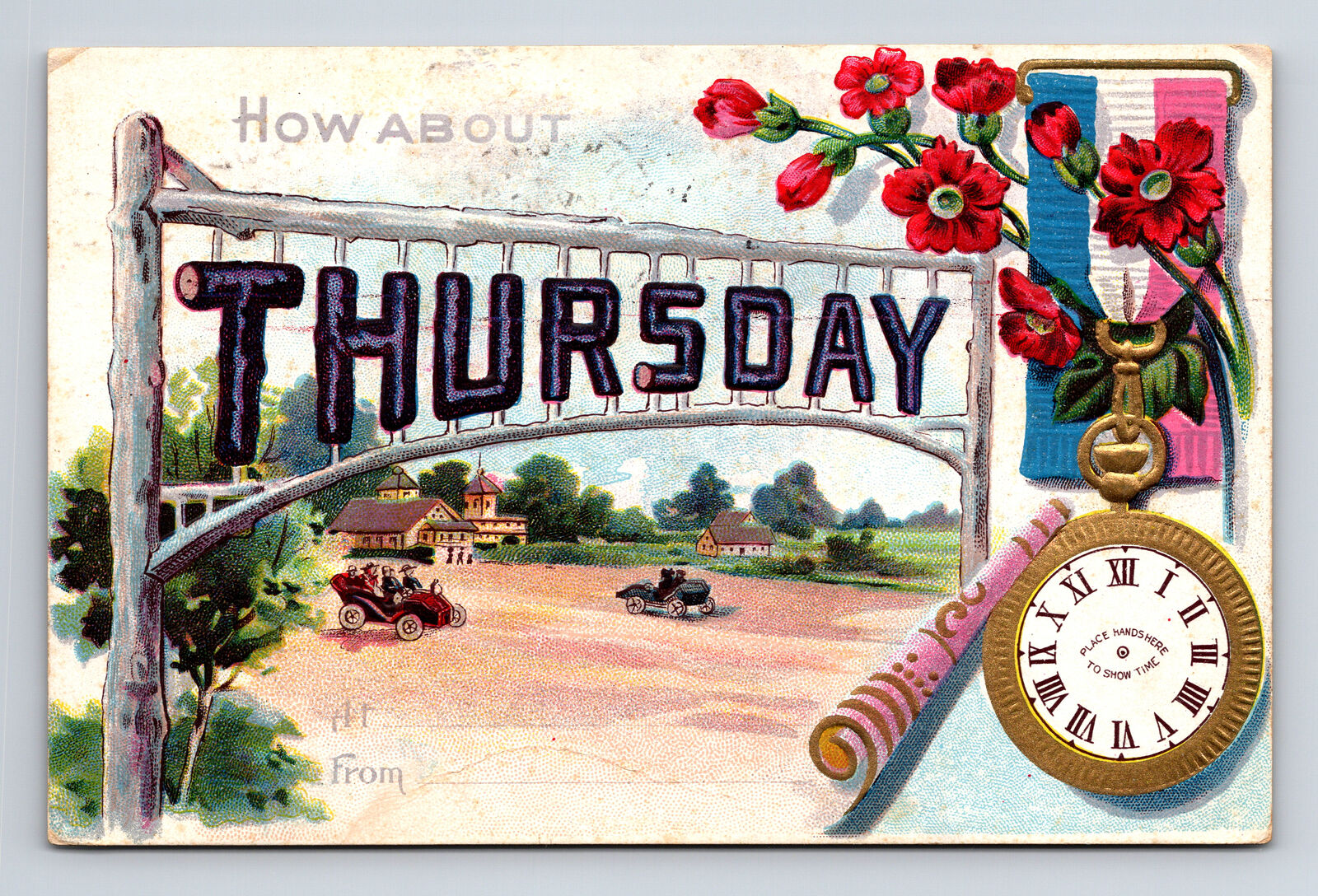 1910 Day Week Appointment How About THURSDAY Clock Cars Kirksville MO Postcard
