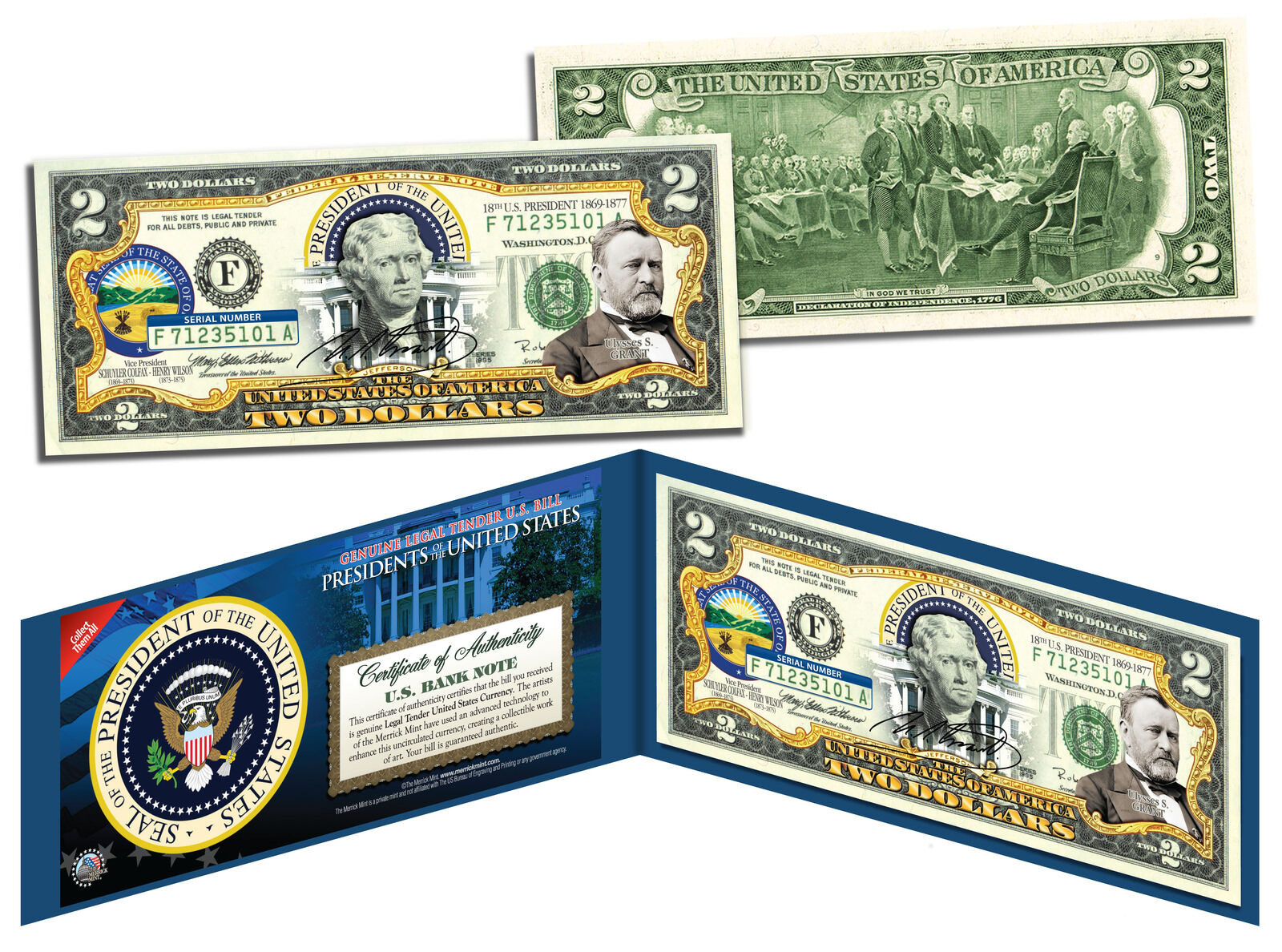 ULYSSES S GRANT * 18th U.S. President * Colorized $2 Bill Genuine Legal Tender
