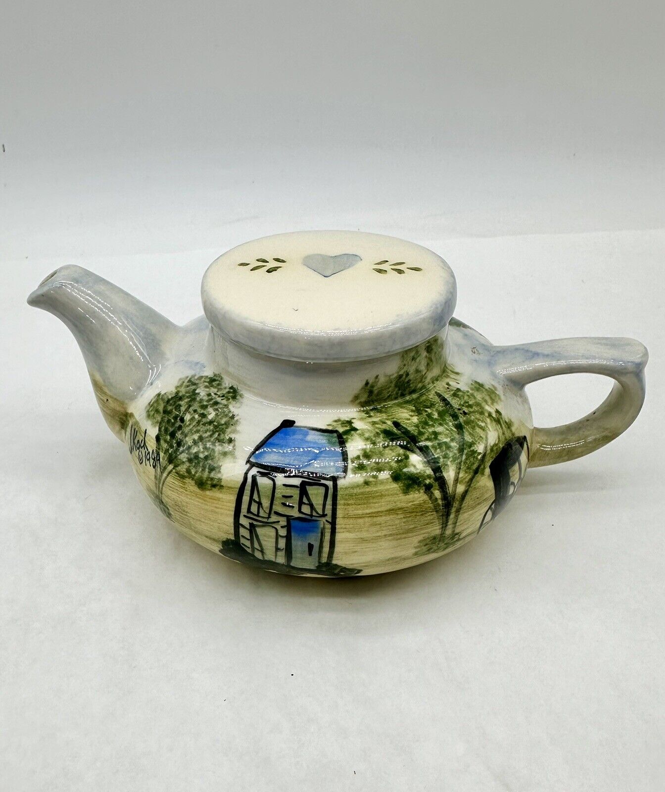 Vintage 1988 Jeanne Koch Hand Painted Ceramic Amish Folk Art Tea Pot 6x3in