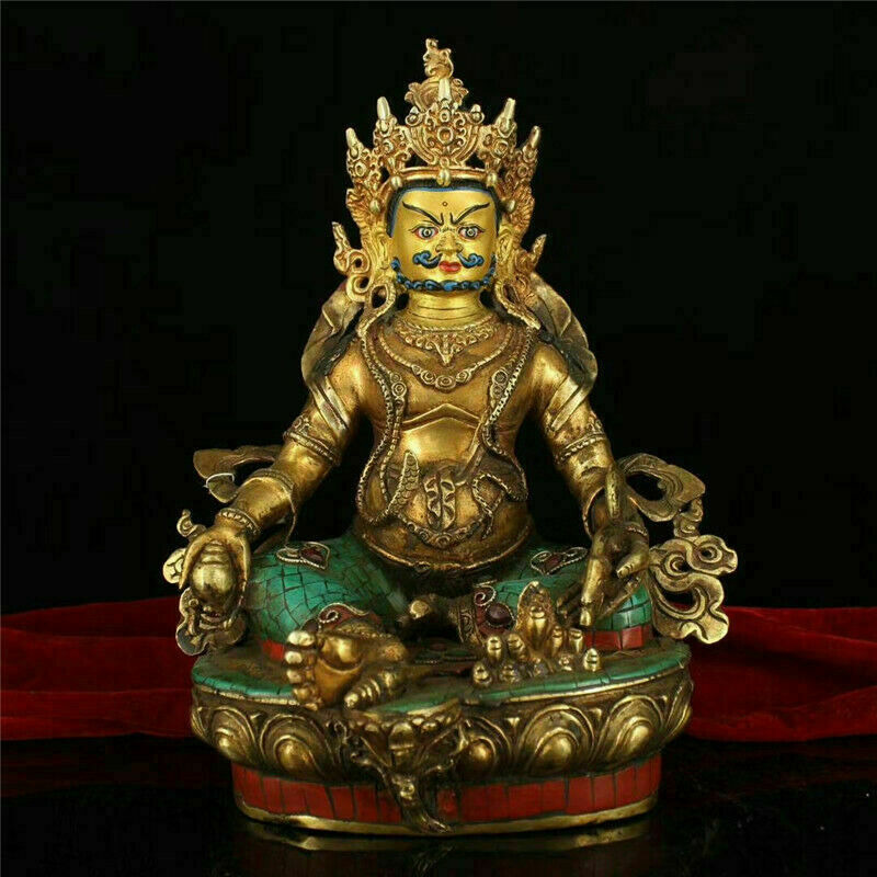Large old Tibet Buddhism bronze gilt Turquoise Gem inlay yellow Jambhala statue