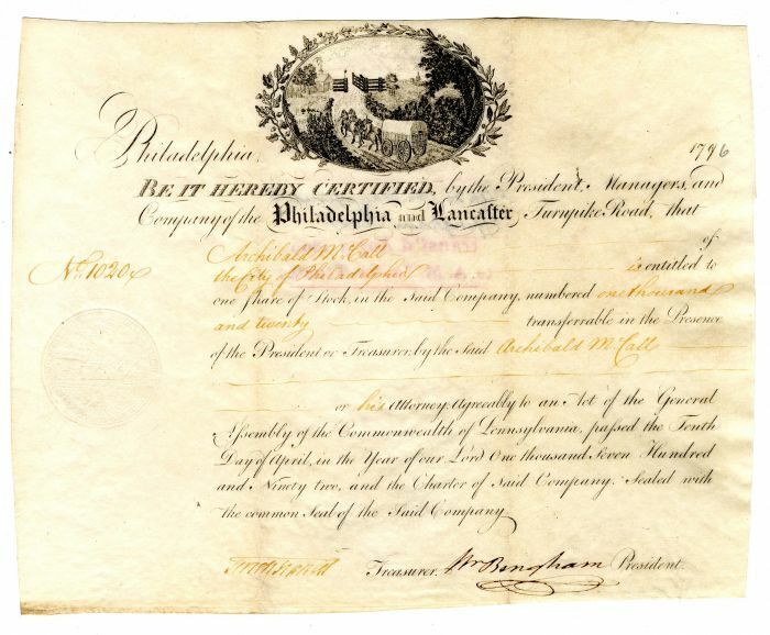 Philadelphia and Lancaster Turnpike Road signed by William Bingham - Vellum Stoc