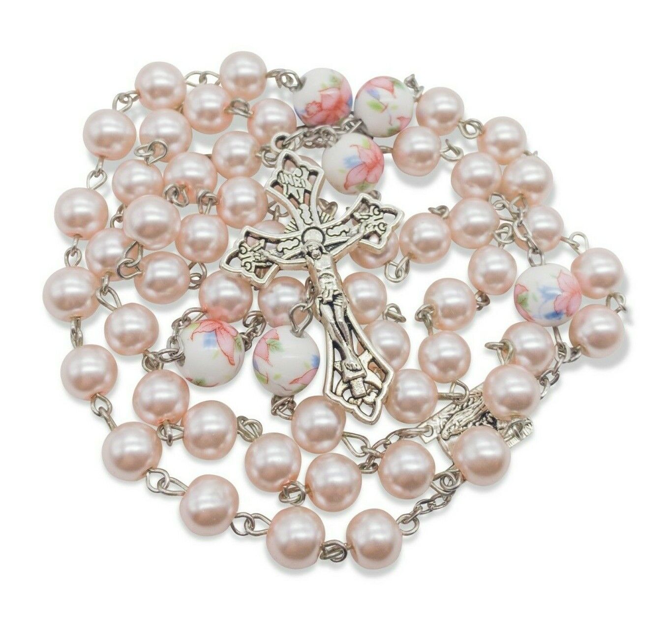 Pink Pearl Beads Rosary  Flowers Beaded Necklace Lourdes Medal & Crucifix