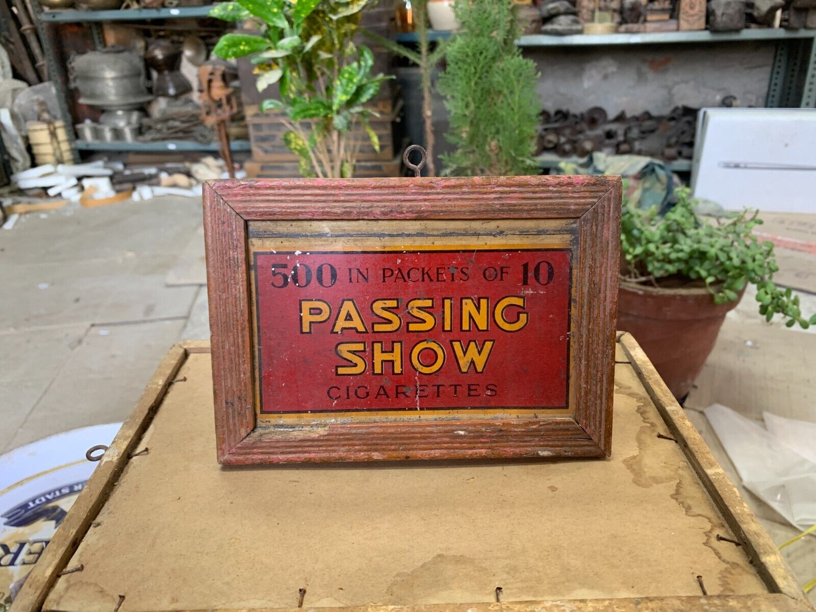 Old 1900s Vintage Passing Show Cigarettes Adv. Tin Sign Board Framed 6.5x4.5\