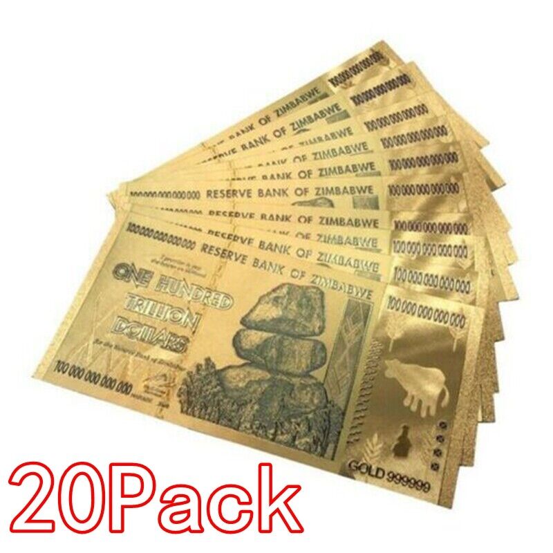 20 Pieces Zimbabwe 100 Trillion Dollar Note Golden Foil Banknote Collection aa