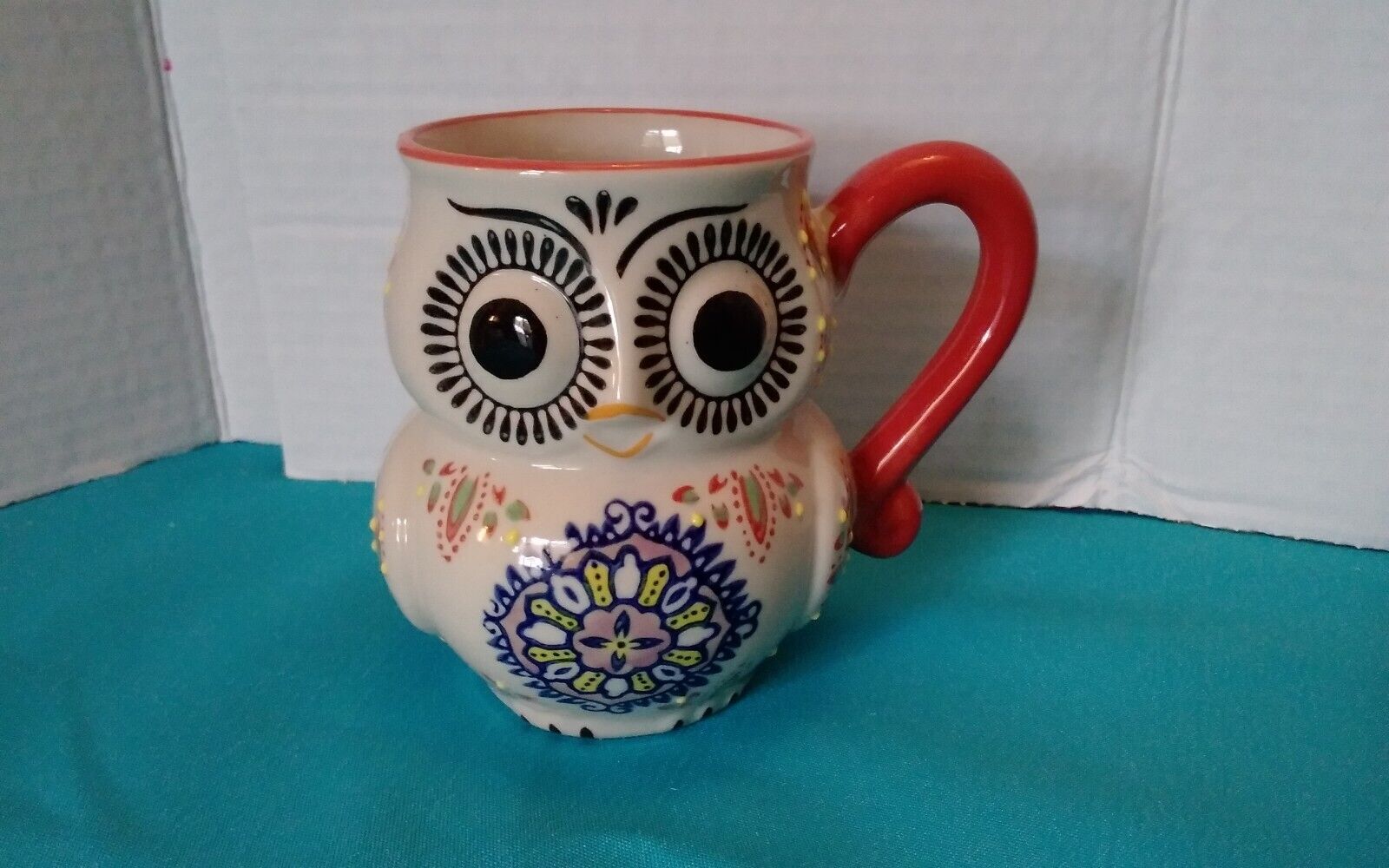 3D Coffee Mug Owl White Blue Orange Handle Hand Painted Bohemian Stamped EB