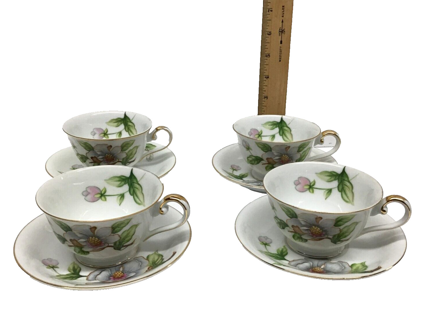 Roselyn China Dogwood Vintage Cup and Saucer Set of 4